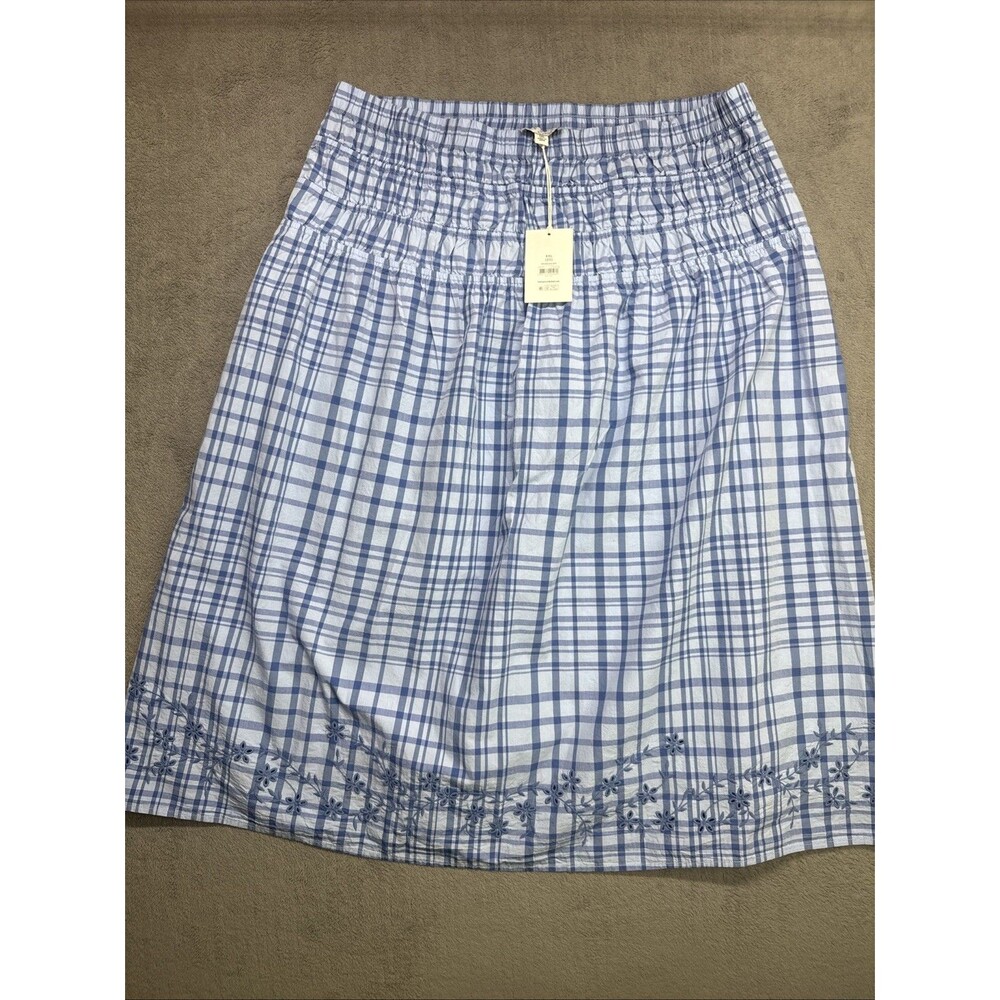 Free Assembly Smocked Plaid Midi Skirt Eyelet Blue Women's XXL (20) Cotton